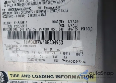 2008 Ford Taurus X Sel z USA, uszkodzony, nr VIN 1FMDK02W48GA04953